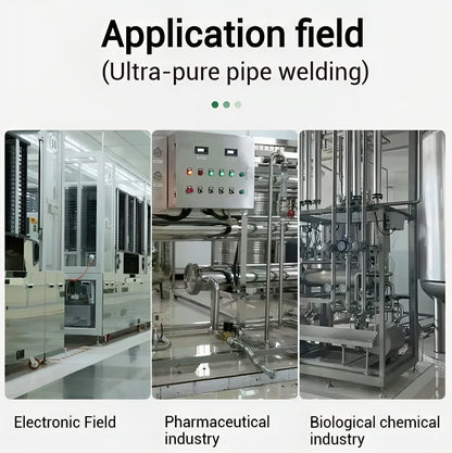 Preparing 316L stainless steel pipes in a semiconductor cleanroom using FYID tube facing machine for orbital weld prep.