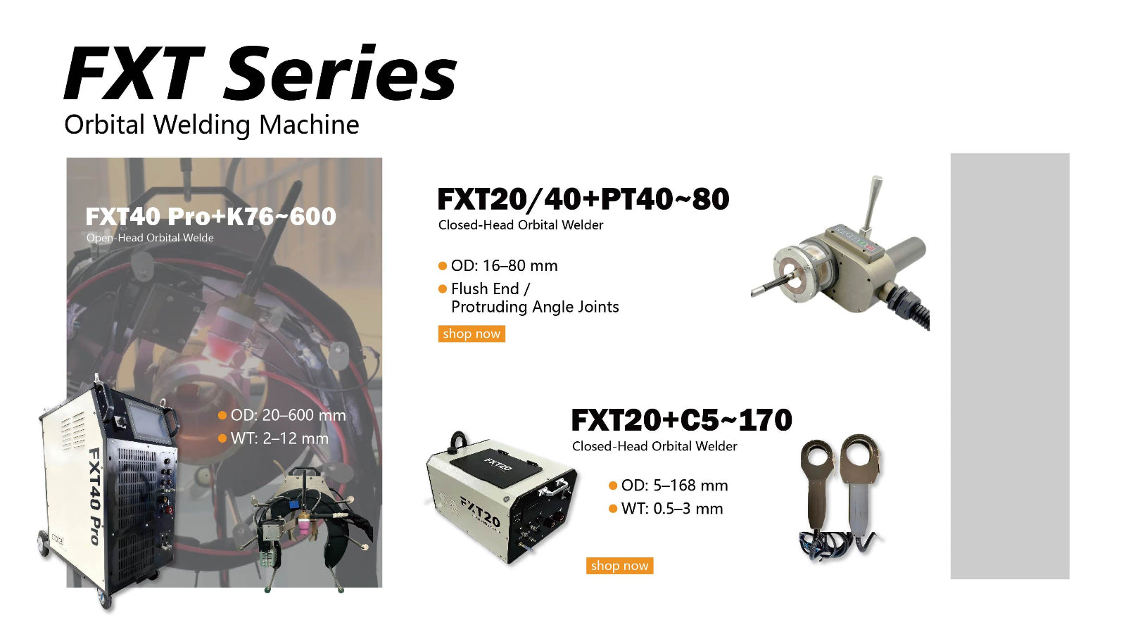 Comparison of FYID C-series closed heads, K-series open heads, and PT-series tube-to-tubesheet welders.