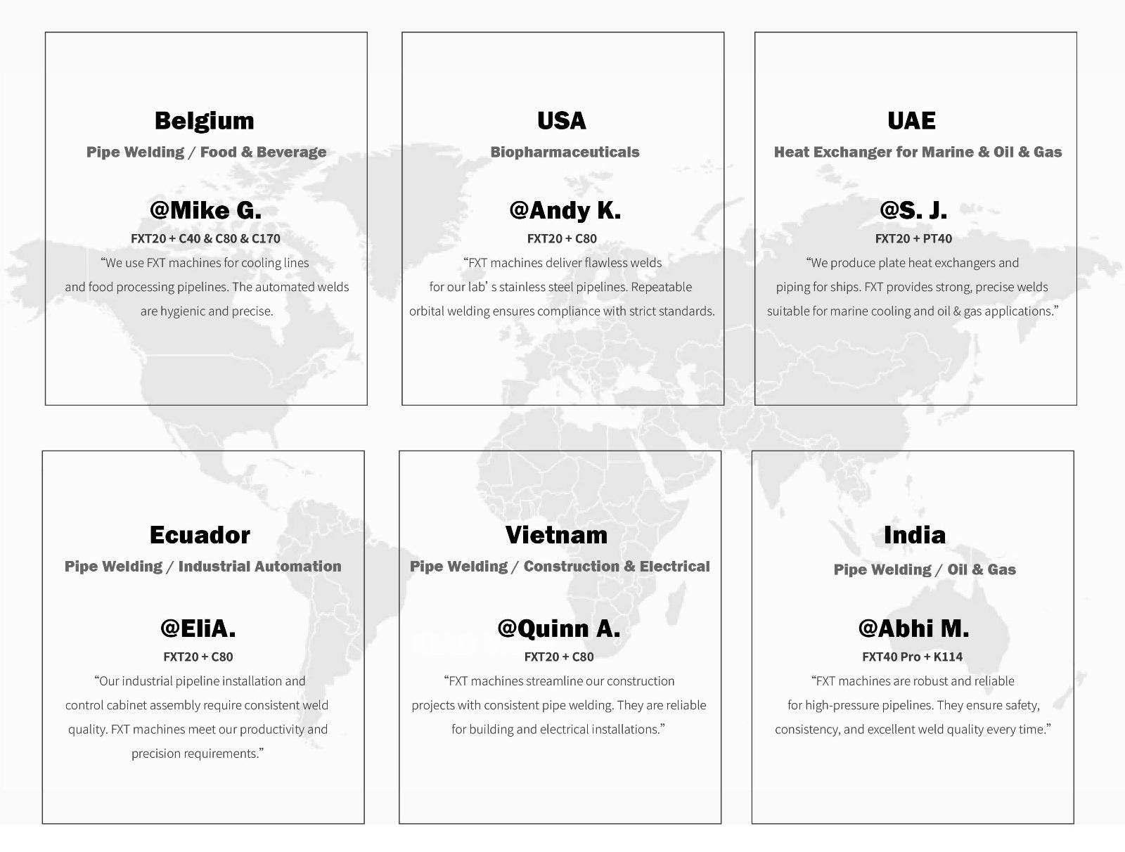 Verified customer testimonials praising FYID's orbital welding precision and compact power source design.