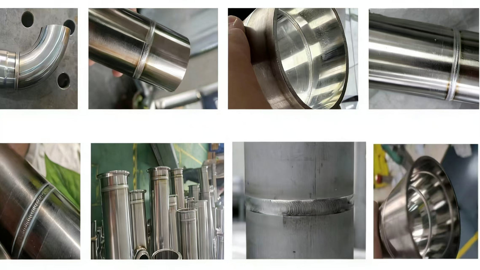 Macro view of clean, silver-white orbital TIG weld beads on various stainless steel pipe diameters.
